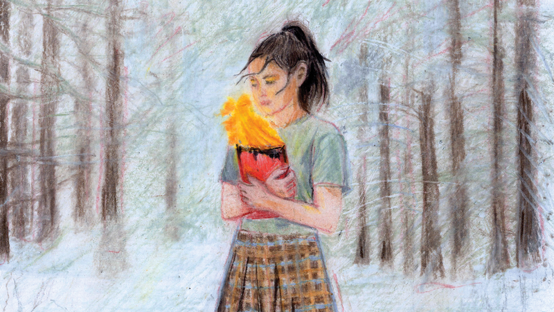 color illustration of dark-haired girl in t-shirt and plaid skirt clutching flaming red book to her chest in snowy woods