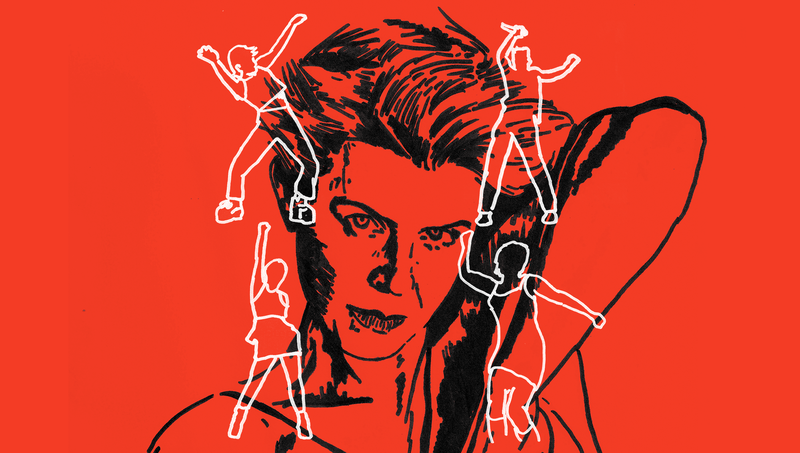 Illustration with black drawing of Robyn overlaid with four white outlines of figures dancing, on a red background.