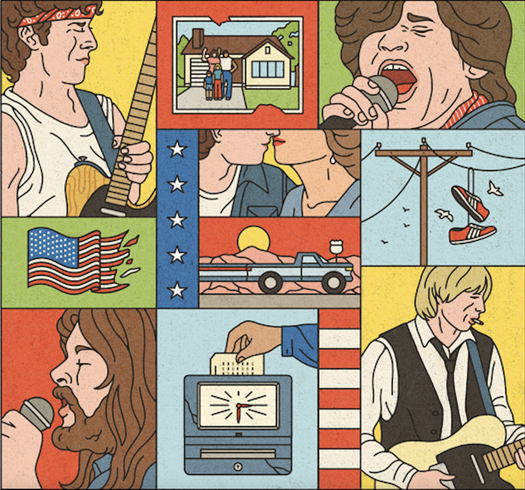A color collage of illustrations of Bruce Springsteen, John Mellencamp, Bob Seger, Tom Petty, and a series of images evoking the American heartland: a tattered American flag, a suburban home, a worker punching a time sheet, a truck driving along a highway, a couple kissing, and a pair of sneakers strung over a power line.