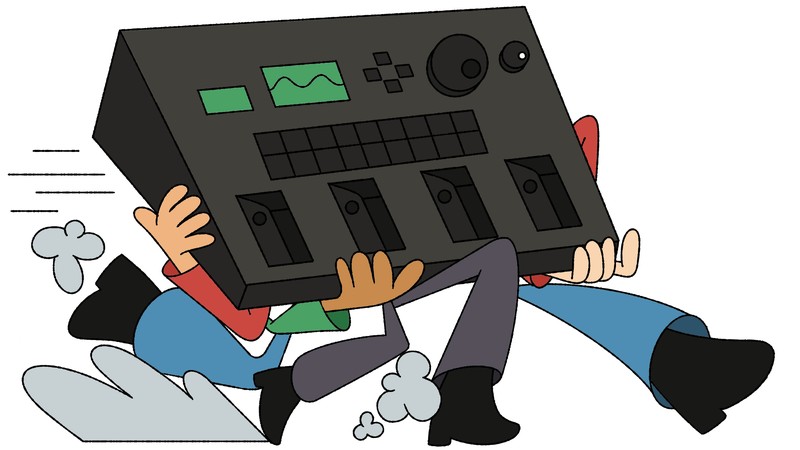 Illustration of 1970s-style figures running away with a huge VG-8.