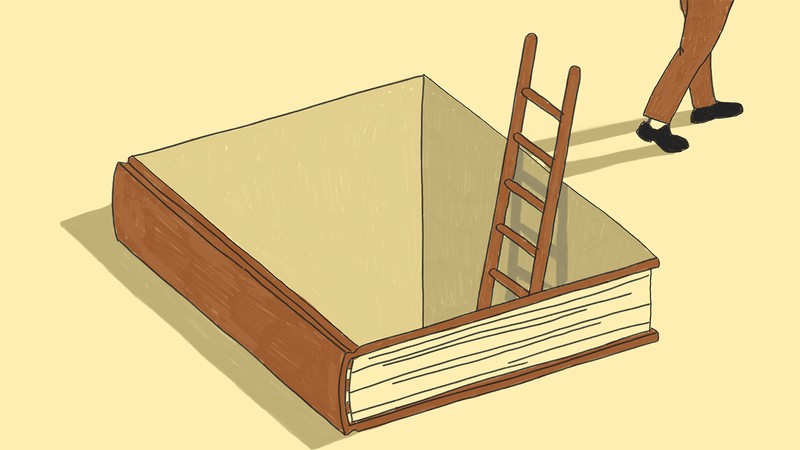Brown, black and white drawing of a man coming out of a book-shaped hole through a ladder.