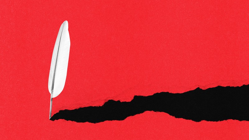 Feather quill pattern with deep black shadow on red field.