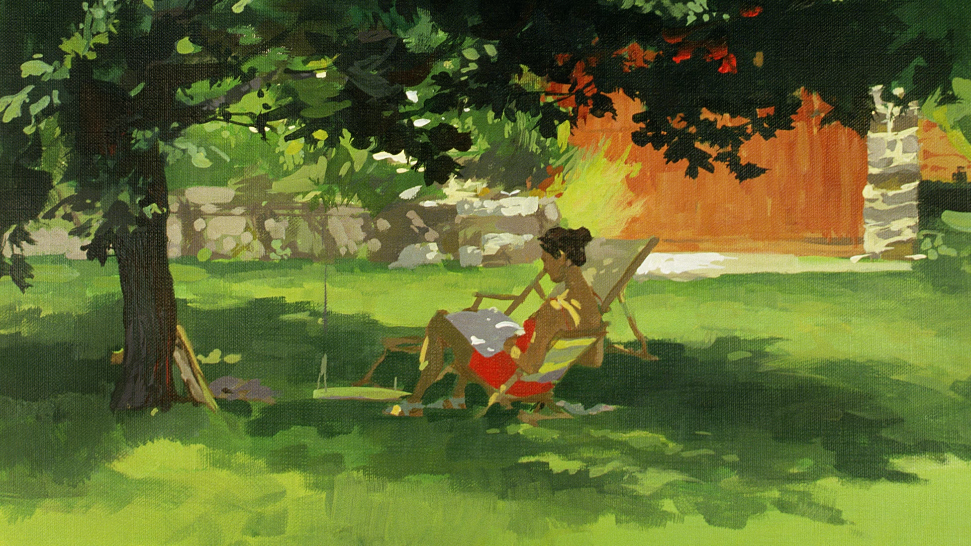A painting of a woman reading in a backyard under a tree.