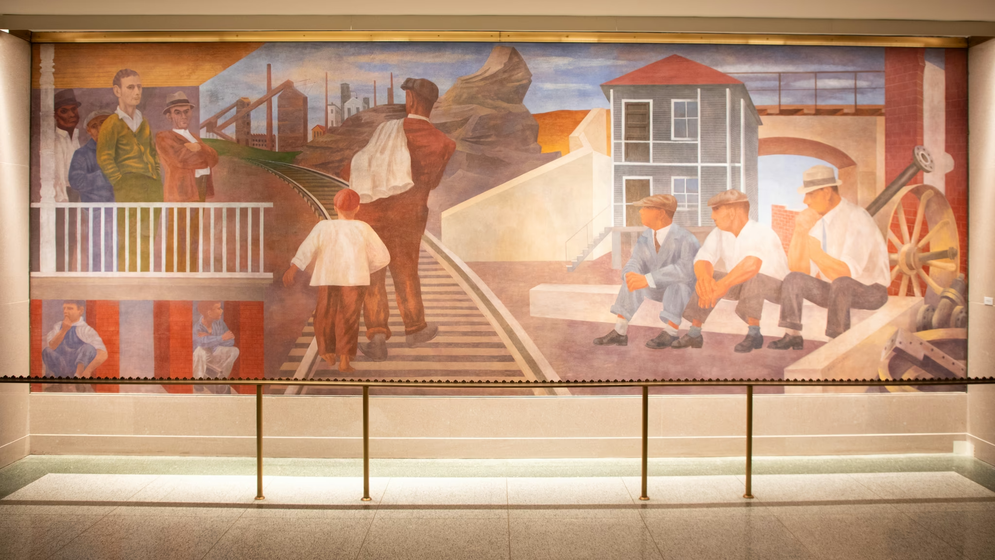 Ben Shahn's mural on one wall of a corridor in the Cohen building depicts the unemployed before the advent of Social Security. On the opposite wall, he painted his vision of a busy life hereafter.