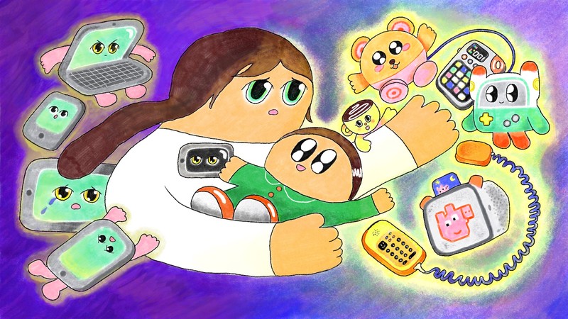 Illustration of a woman holding a child, ignoring the screen and going to the screenless toys