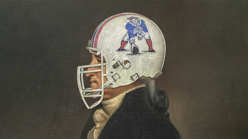 illustration with oil painting of colonial-era gentleman in profile wearing a New England Patriots football helmet with the old 'Pat Patriot' Minuteman logo