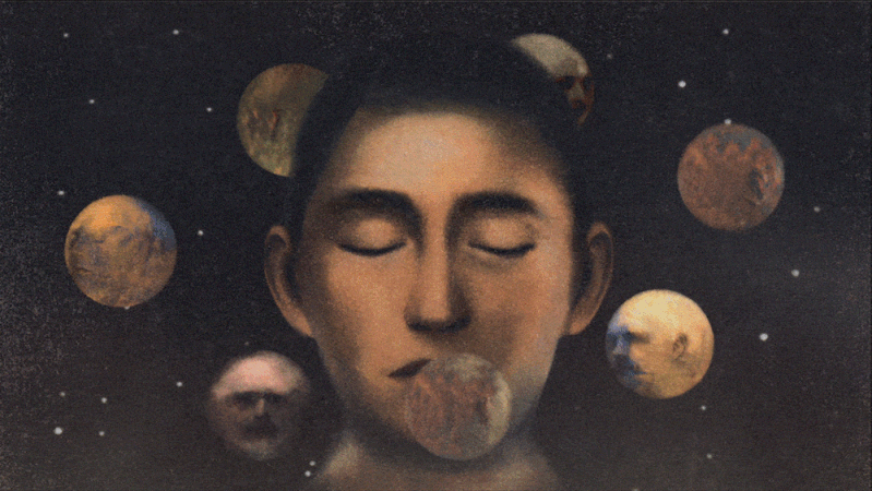 animation of a person's face being orbited by planets