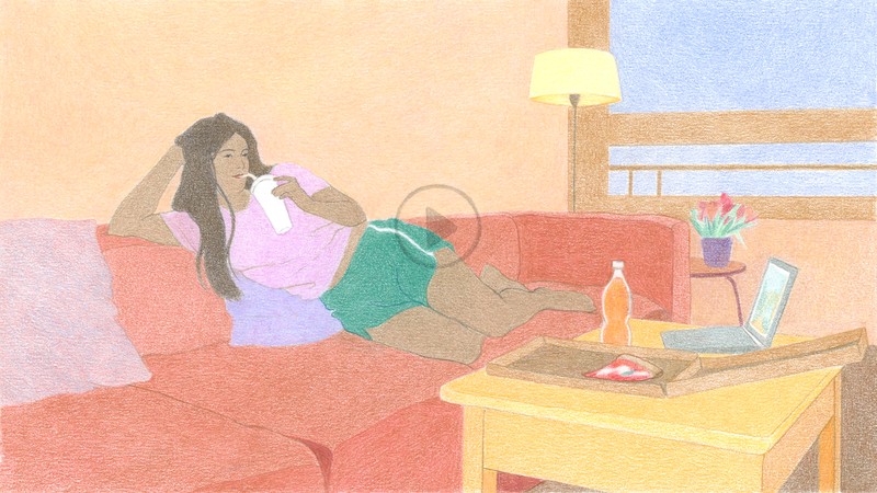 An illustration of a woman sitting on the couch alone with a play symbol over it