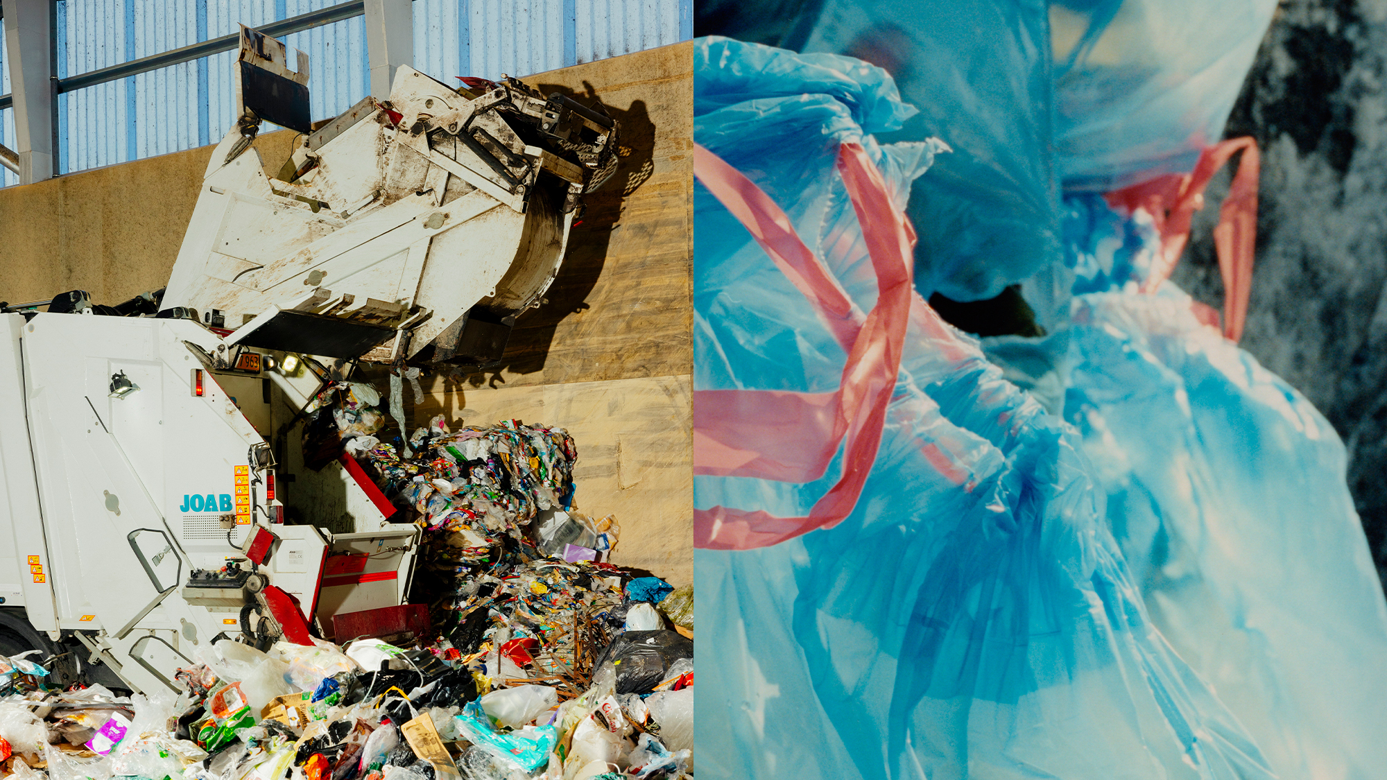 A garbage truck and a garbage bag full of garbage
