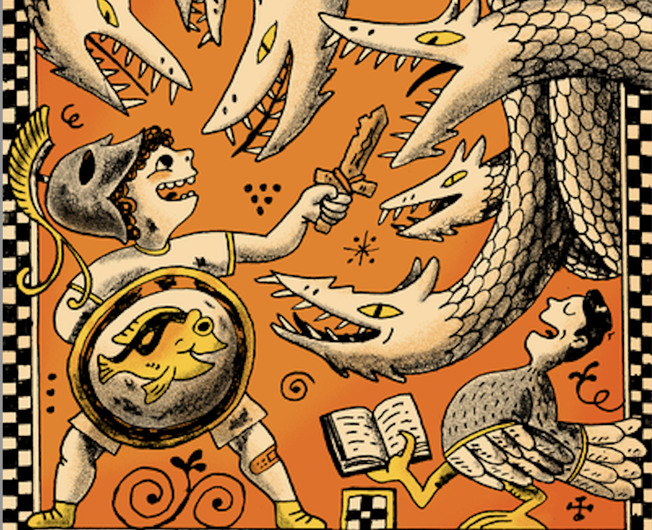 A Grecian-looking illustration showing a child play-fighting the Scylla, a monster from "The Odyssey"
