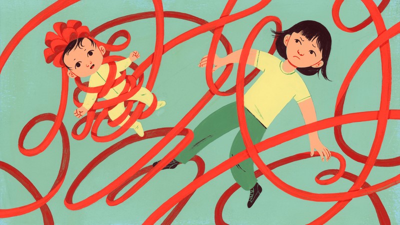 Illustration of a baby wrapped in ribbon with a bow on its head. A scowling older sibling floats nearby, also entangled in ribbon.