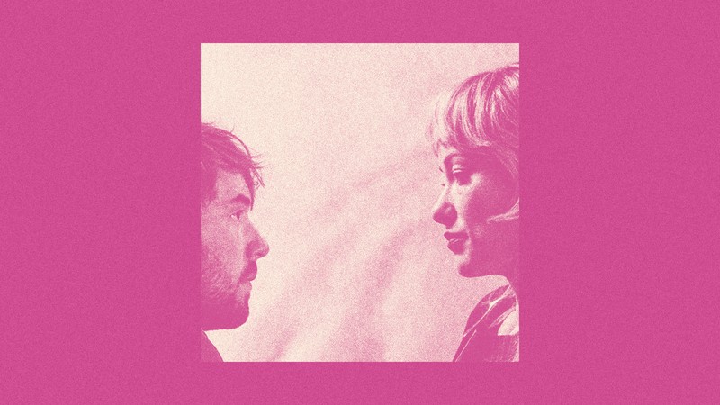 A pink background with a square screenshot from the movie "I Want Your Sex," of a man and a woman looking at each other with a gap in between them