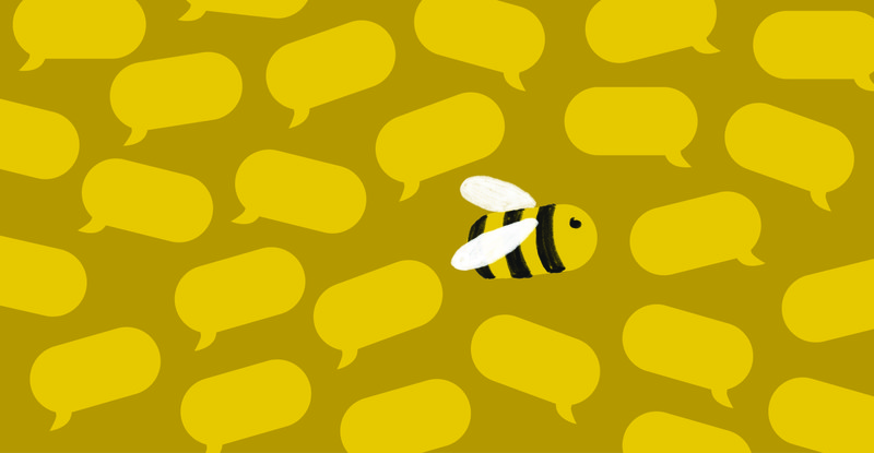 Illustration of a lone bee flying amid a sea of yellow text-message bubbles.