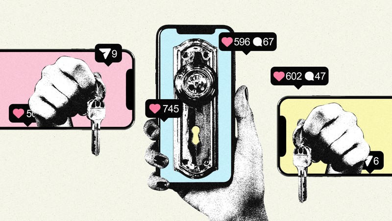 An illustration of phone screens with hands holding keys.