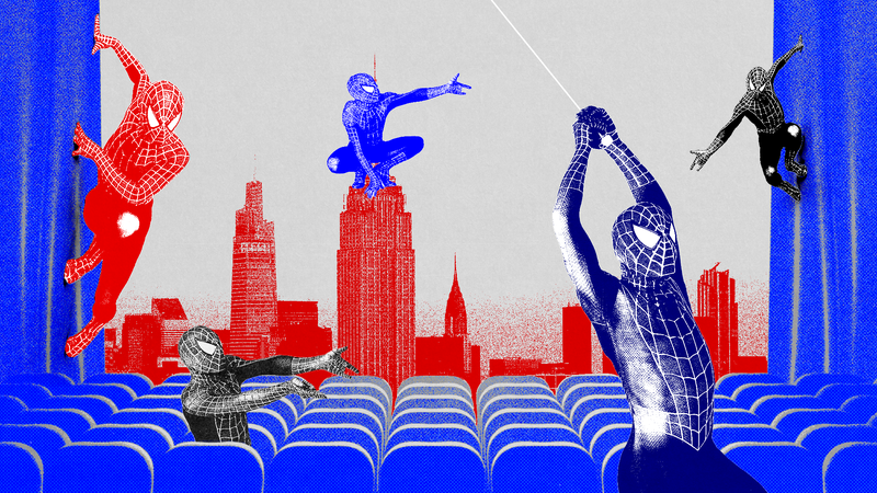 A movie theater with a city skyline on the screen, overlaid with photos of Spider-Man
