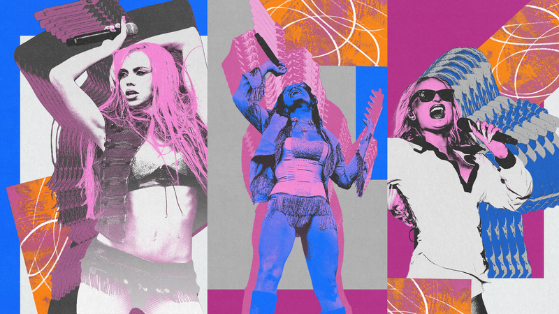 A photo collage in blue, pink and orange of (from left to right) Adéla, Slayyyter, and Kim Petras