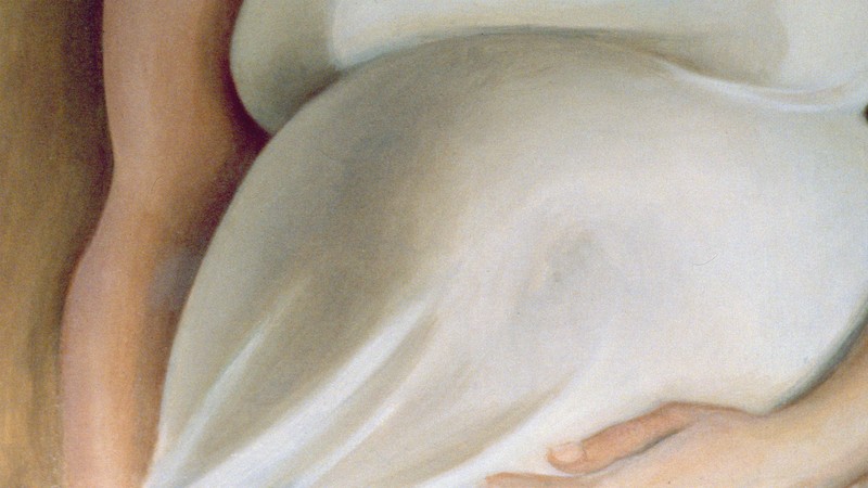 Closeup of a watercolor image of a pregnant woman wearing white