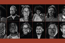 Portraits of twelve people making disgusted faces, ordered into two rows of six