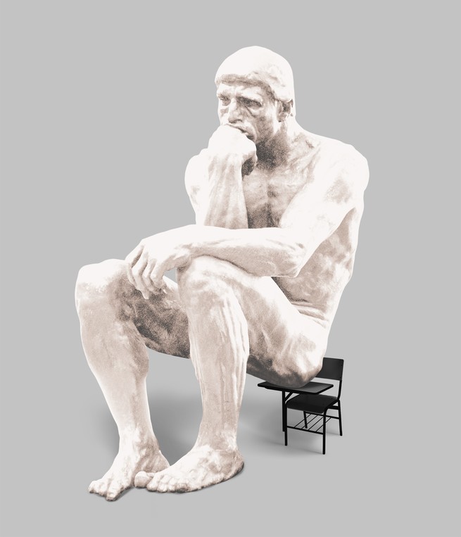illustration of oversized white "Thinker" sculpture resting on black schooldesk chair on gray background