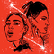Illustration with black sketch of Miley Cyrus singing and Lana Del Rey in profile with white spatters on red background