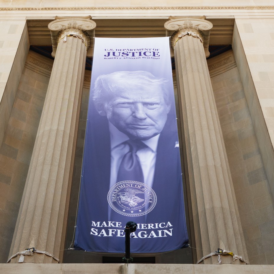 a banner of Donald Trump