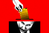 Illustration showing a hand inserting a ballot into a box that has Putin's face on it