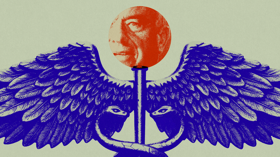An abstract illustration of RFK Jr.'s head atop a caduceus in blue and red