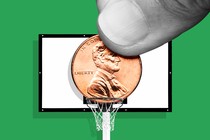A graphic illustration showing a thumb placing a penny on the backboard of a basketball hoop, over a green background.