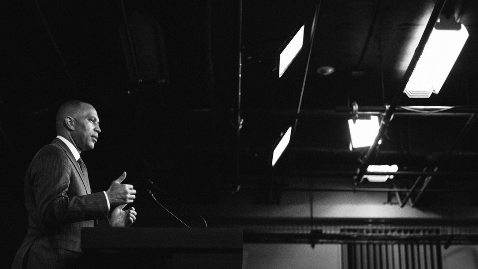 Black-and-white photo of Hakeem Jeffries speaking