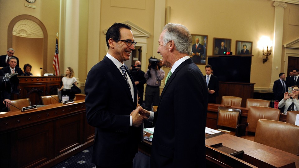 Treasury Secretary Steven Mnuchin and Ways and Means Chairman Richard Neal laugh together, in happier times.