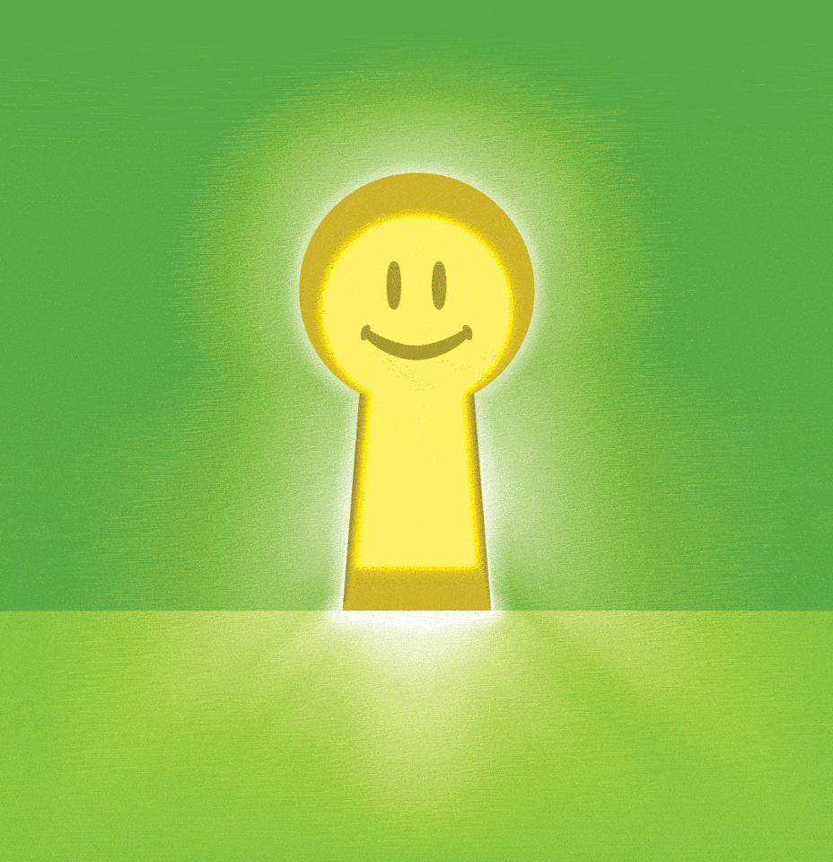 a yellow happy face forms the top round part of a keyhole glowing on a green background
