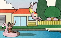 an illustration of an older woman in a yellow bathing suit leaping with abandon from a diving board into a pool while a younger woman in a floating flamingo shields herself with her arms