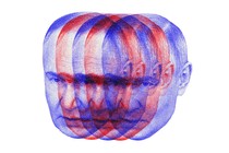 Duplicated images of Vladimir Putin’s face in red and blue