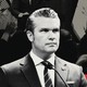 Illustration with black-and-white photograph of Pete Hegseth behind a microphone and images of people waving American flags behind him