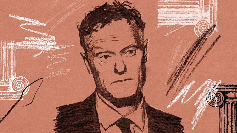 An illustration of Dmitri Melhorn in front of a dark pink background in black graphite, with sketches of columns behidn him, some black and some white