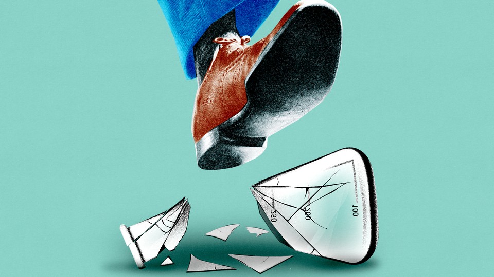 Illustration of a shoe stomping on a broken laboratory beaker