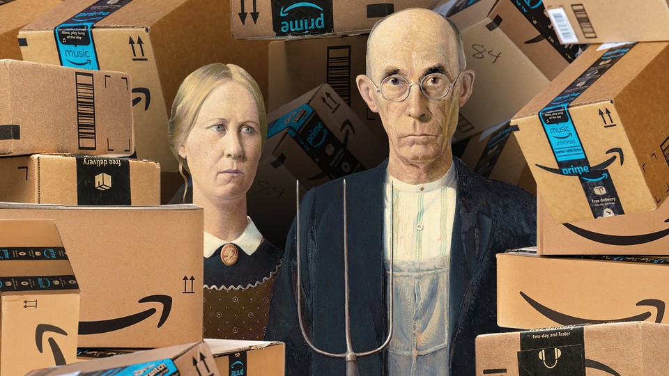 illustration of 'American Gothic' couple surrounded by Amazon boxes