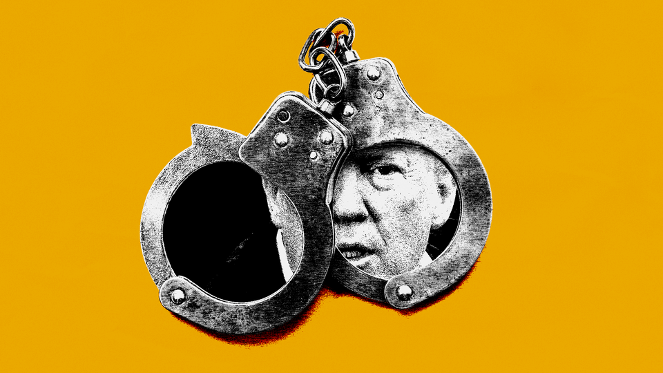 Illustration of a pair of handcuffs over a picture of Donald Trump's face