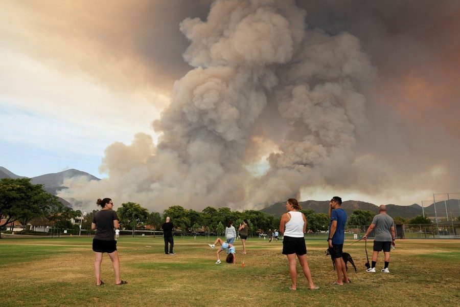 Several people stand in a park, looking toward rising plumes of smoke from a nearby wildfire.