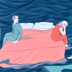 An illustration of a husband and wife sitting on opposite sides of a bed that's floating in open water.