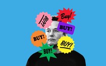 An illustration featuring Elon Musk with "Buy!" signs buzzing around his head