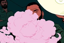 A man partially obscured by swirling pink vapor, sits at a table gripping a pink vape. Another figure stands in the shadowy background.