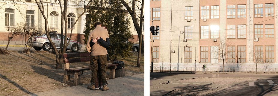 Diptych:  a couple hugging on the stree; a delivery man dwarfed by an enormous building