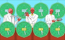 An illustration of bartenders shaking cocktails with clocks of times at various airports