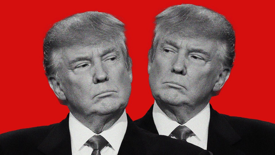 Illustration showing two Donald Trumps against a red background