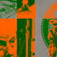 An orange-and-green illustration of Trump, the Pentagon, a troop, and the seal of Los Angeles