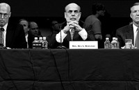 Henry Paulson, Ben Bernanke, and Christopher Cox sit before the Senate banking committee in September 2008
