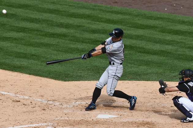 Ichiro Suzuki of the Miami Marlins is honored for his 3000th hit