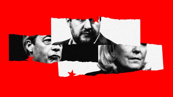 A collage featuring photos of Nigel Farage, Matteo Salvini, and Marine le Pen.