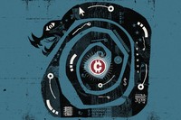 On a teal background a black snake, with white abstract symbols, coils around a radiant red and white coin, protecting it.